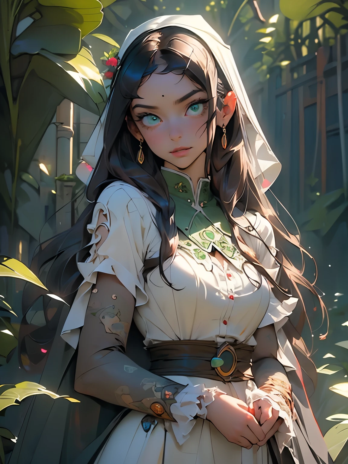 ((best quality)), ((masterpiece)), (detailed), perfect face (((of the highest quality, super detailed))), hand painted style, water-colour, sketch, white background, plain background, detailed and intricate steampunk and detailed gothic ta (with a hood), long coat, Complex laced boots, Fluttering lace flared long knee length dress with frilly petticoats, long dress, knee length dress, pleated petticoats, loliress, petticoats gothic lolita, tiful small pear breasts, slender hips, slim hips, sensuous thighs, (((( Highly detailed face))), small thin nose, Small pink lips, (((Very sharp jade green eyes))), Very large slit precision pale grey eyes that shine like jewels. very long eyelashes, Black hair swaying in the wind, Very dramatic and cinematic lighting, full body, whole body, Alphonse Mucha influence, Daiqing Tana influence,