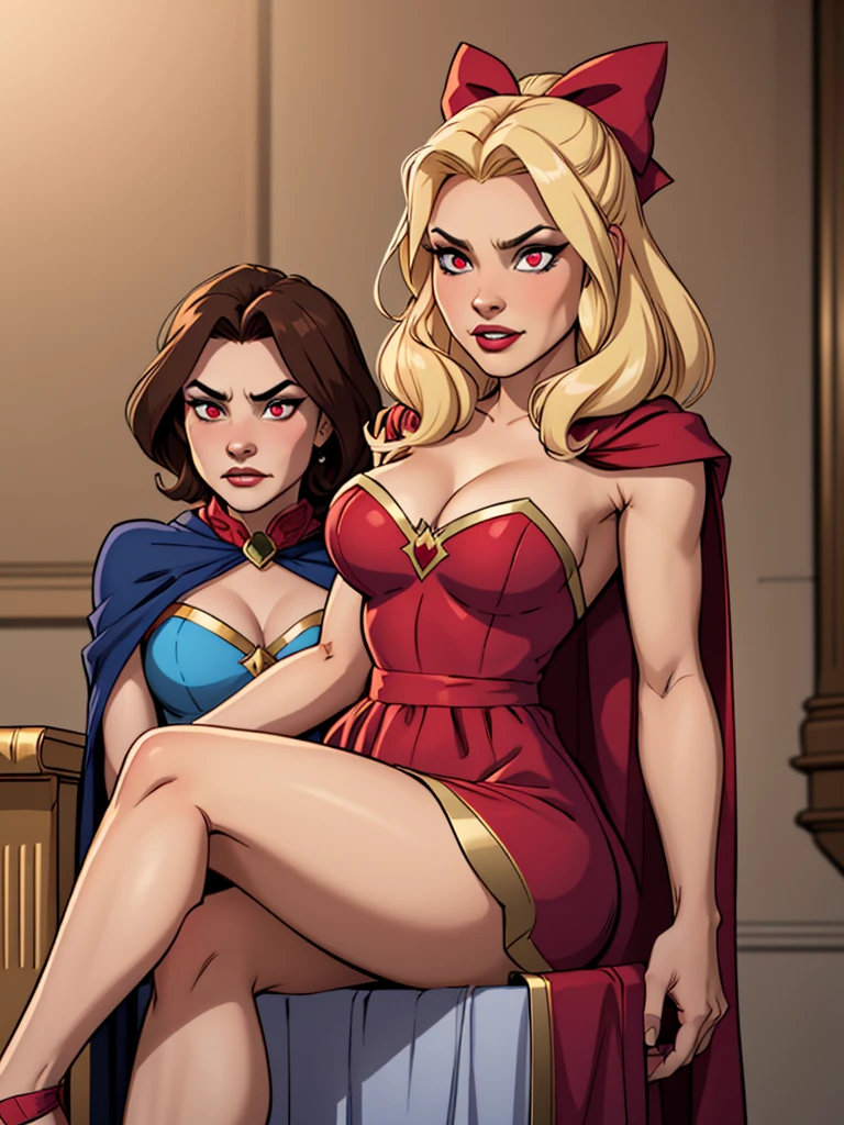 2 girls, one blonde with long hair wearing bows in her hair, with blue eyes, wearing a pink princess dress, sweet princess and sitting on a throne, the other girl behind the throne with short blonde hair, wearing a blue heroine costume, wearing a red cape and with an evil expression, with completely red eyes