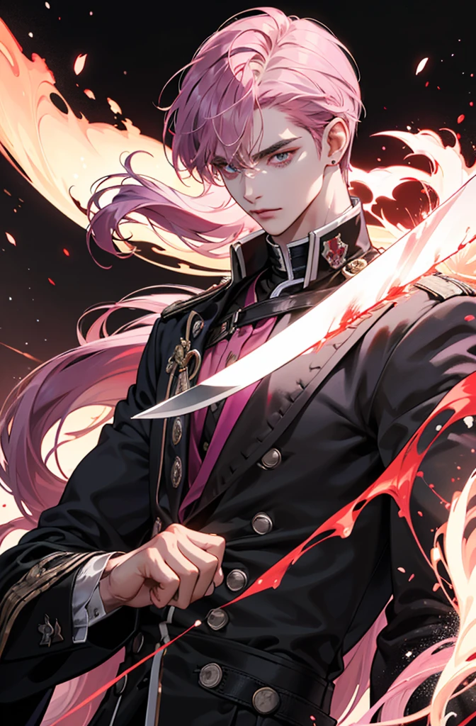 Tall man. A mysterious and dark character, whose presence exudes an ominous aura. It has a black color, As a resin, hairsh, piercing redness of the eyes, debilitating scarlet glow;. Men's clothing of the 18th century, black with scarlet inserts. Who carried out the order to kill an influential person. He has a blade in his hands, sprinkled with fresh blood;. s face, that does not express emotions.((purple and pink hair)),((upper body)),