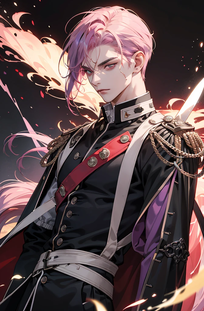 Tall man. A mysterious and dark character, whose presence exudes an ominous aura. It has a black color, As a resin, hairsh, piercing redness of the eyes, debilitating scarlet glow;. Men's clothing of the 18th century, black with scarlet inserts. Who carried out the order to kill an influential person. He has a blade in his hands, sprinkled with fresh blood;. s face, that does not express emotions.((purple and pink hair)),((upper body)),
