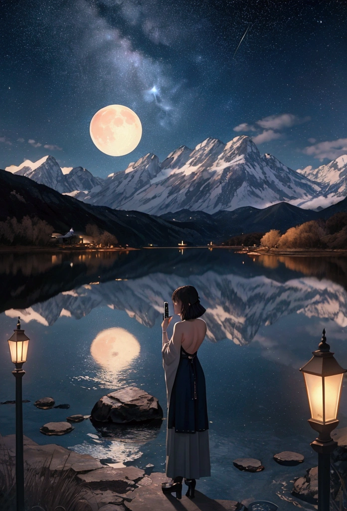 1 woman_Take a selfie with your back to the background, starry night. huge moon behind the mountains. A quiet lake reflects the night. Sunset is accompanied by flying cranes. realistic scene, Detail, photorealism, 8k