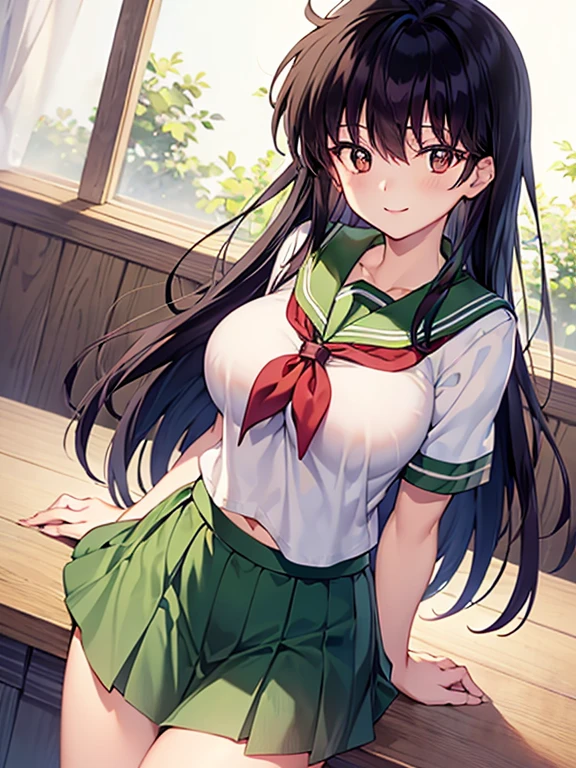 Kagome Higurashi, Wearing a school uniform, White shirt, Green skirt, color green, Red neckerchief, e, black hair, brown eyes, long hair, big breasts, serafuku, sailor collar, green pleated skirt, seductive smile, boob window