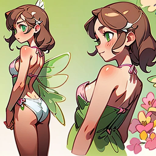 Sweet and gentle face, with bright green eyes and a kind expression.
Long, light brown hair, loose with soft waves. With flowers in her hair.
With a slim and natural body figure. Olive-toned skin.
Dressed in pink and fiusha erotic bikini and with fairy wings
(((character sheet))) ((various views)) ((front and back) (Face detail) (full body)