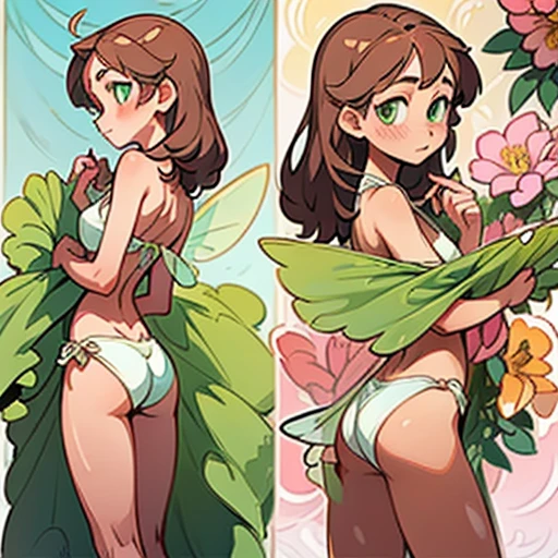 Sweet and gentle face, with bright green eyes and a kind expression.

Long, light brown hair, loose with soft waves. With flowers in her hair.

With a slim and natural body figure. Olive-toned skin.

Dressed in pink and fiusha erotic  bikini  and with fairy wings 

(((character sheet))) ((various views)) ((front and back) (Face detail) (full body)