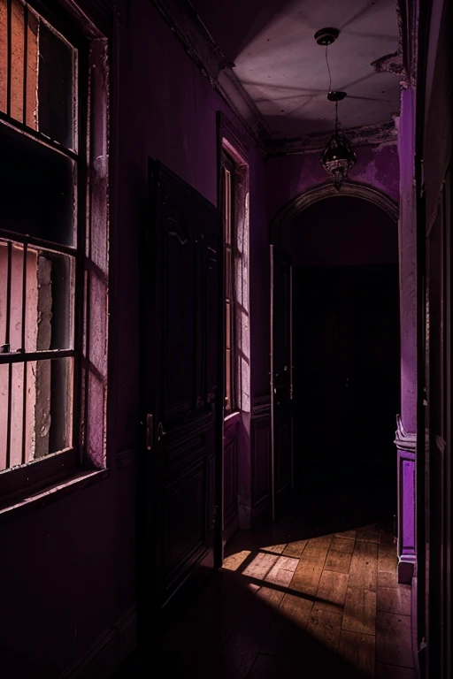 Haunted house, rooms with mucielagos. a lot of beauty, red, purple, reflexes 