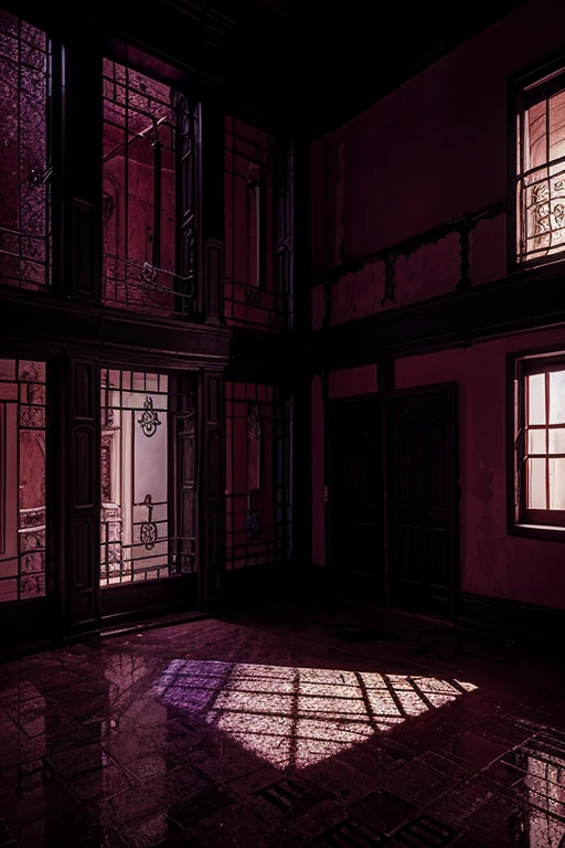 Haunted house, rooms with mucielagos. a lot of beauty, red, purple, reflexes 