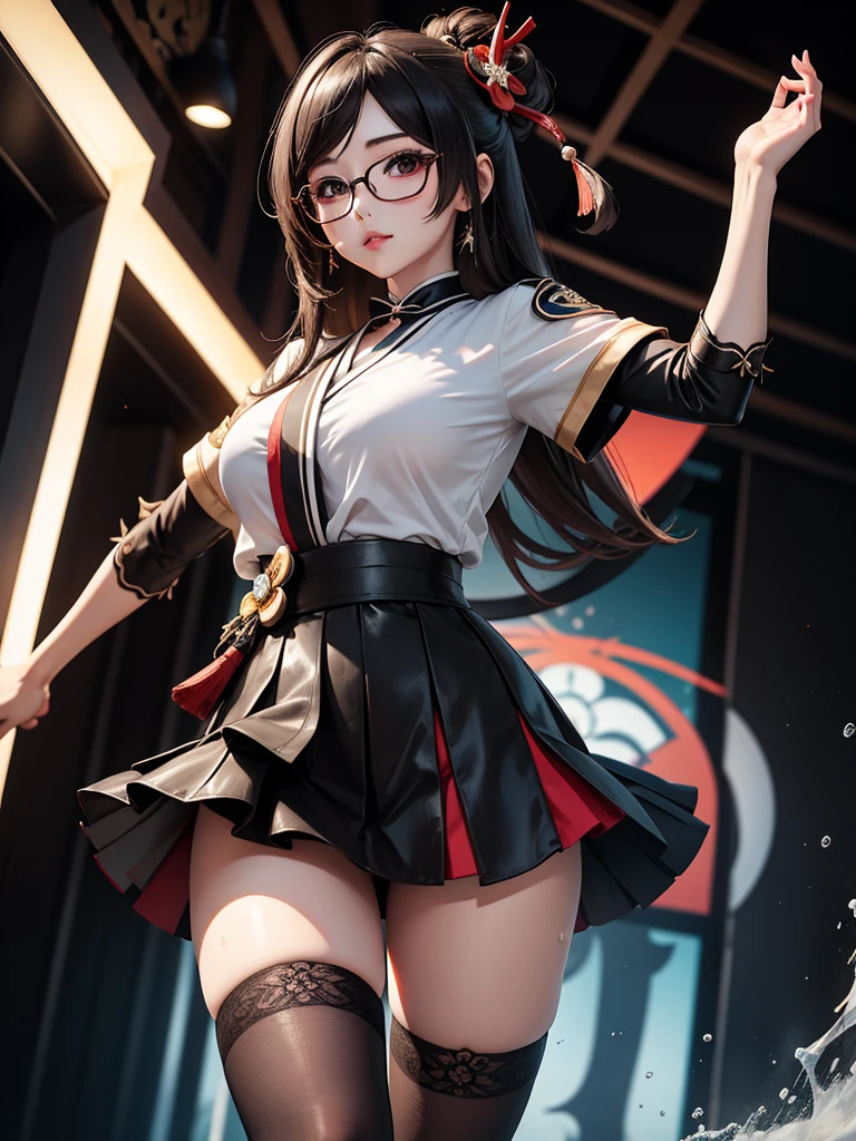 Chiori, (genshin impact), Sexy aesthetic wet short skirt white shirt short black skirt black stockings long hair glasses hands raised
