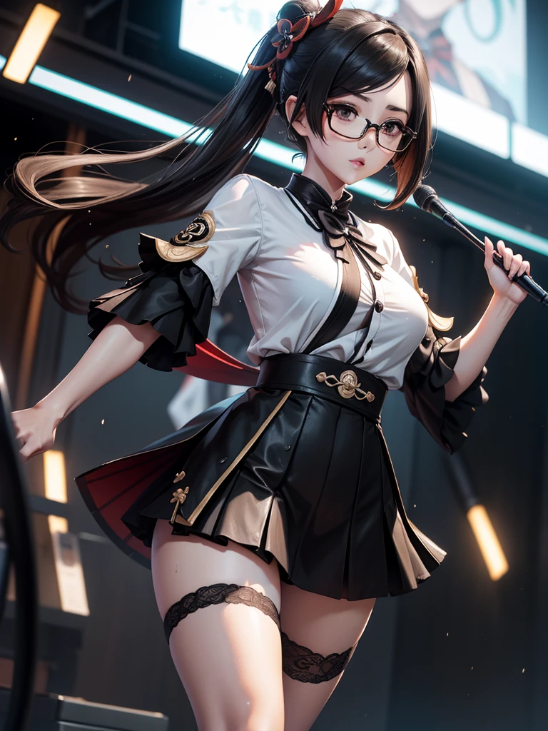 Chiori, (genshin impact), Sexy aesthetic wet short skirt white shirt short black skirt black stockings long hair glasses hands raised
