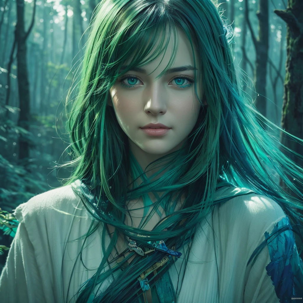 happy girl, centered, looking at the camera, approaching perfection, dynamic, (shades of blue and ((forest green 1.5)))), highly detailed, digital painting, art station, concept art, smooth, sharp focus, illustration, art by Carne Griffiths and Wadim Kashin, detailed face, 4k