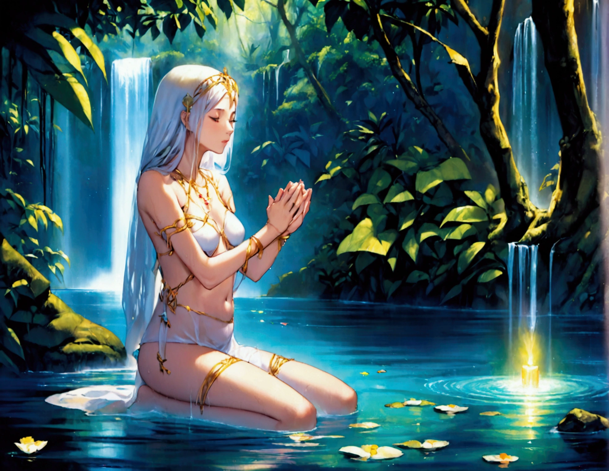 A lovely scantily clad woman prays for fertility at a jungle waterfall. A translucent goddess floats above the water and listens to her prayer. Moonlit confession