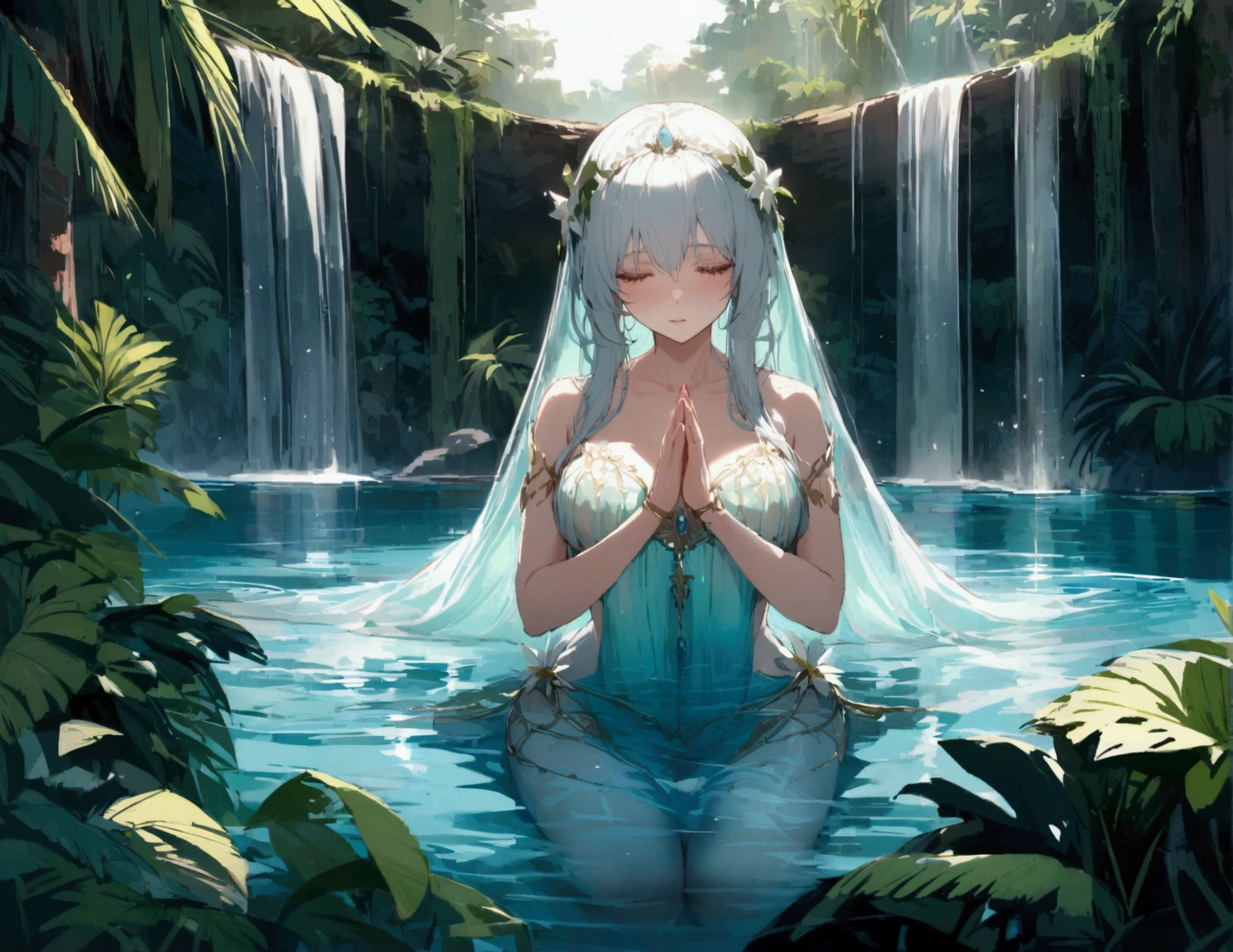A lovely scantily clad woman prays for fertility at a jungle waterfall. A translucent goddess floats above the water and listens to her prayer. Moonlit confession