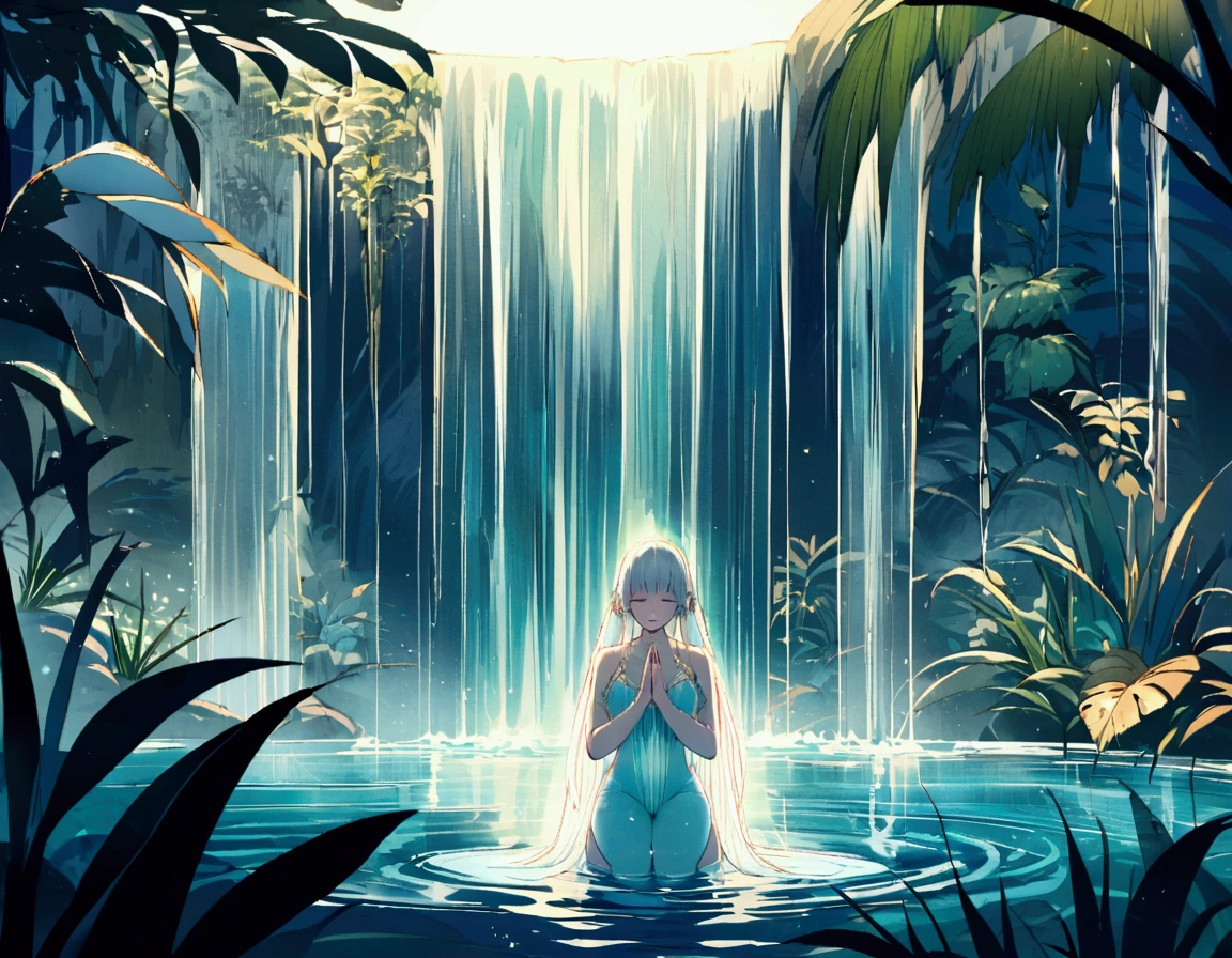 A lovely scantily clad woman prays for fertility at a jungle waterfall. A translucent goddess floats above the water and listens to her prayer. Moonlit confession