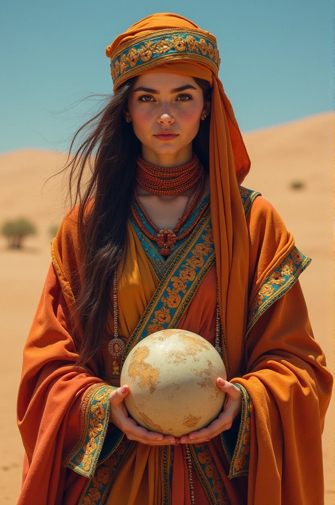 oil painting, leonardo da vinci style, Van Gogh, lots of, chirico, beautiful Alafi woman in traditional costume holding a small drum in the desert, beautiful  face , detailded, beautiful and big eyes with big eyelashes, a young woman in shamanic costume, a girl holding an earth sphere, the setting of the movie Silk Road, beautiful youth, Portrait photo, ex-princess Lieb, the disappearing line of the desert is below the woman&#39;waist, the sky is clear and transparent.