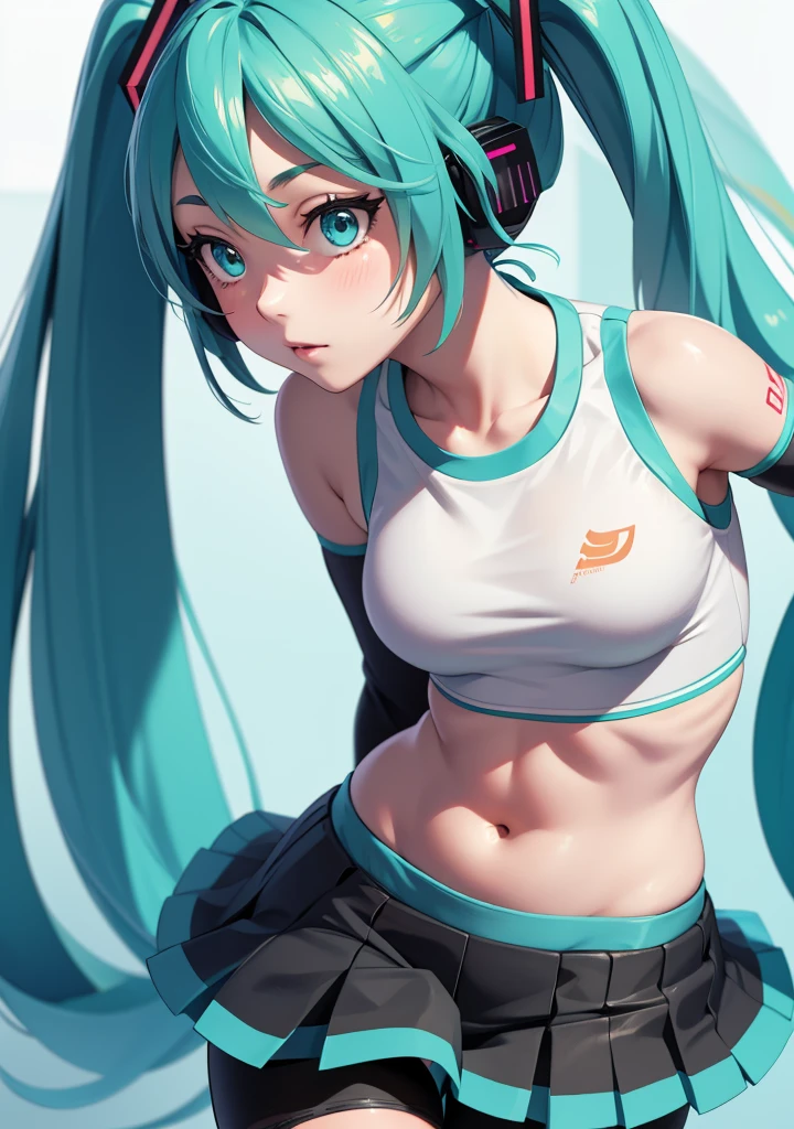 Hatsune Miku, extremely detailed face, sports bra, shorts, pantyhose, full-body, close-up