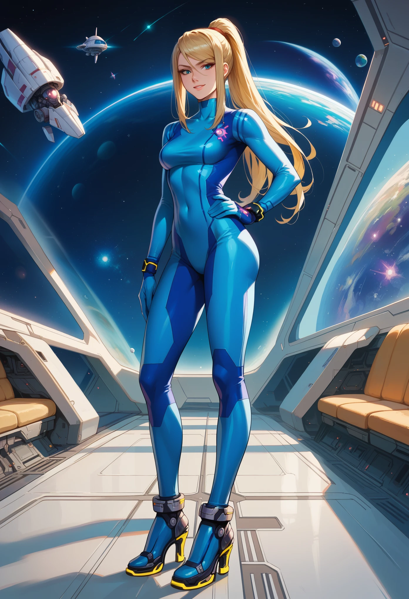 score_9, score_8_up, score_7_up, 1girl, solo,defSamus, blonde hair, long hair, bodysuit, blue clothes, blue pants, blue gloves, high heels, standing, full body, hand on hip, smiling, looking down, spaceship, space