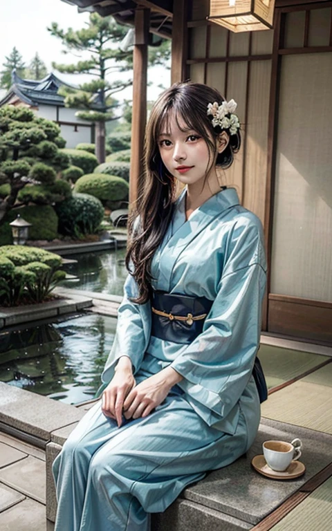In the garden of an old Japanese houseA girl in a yukata is sitting on a veranda overlooking a traditional Japanese garden. She's sipping tea from a small ceramic cup. A koi pond can be seen in the distance, and the sound of water trickling over a stone lantern can be heard. A gentle breeze rustles the leaves of the trees, and the scent of pine fills the air. Use a shallow depth of field to isolate the subject and create a sense of tranquility.