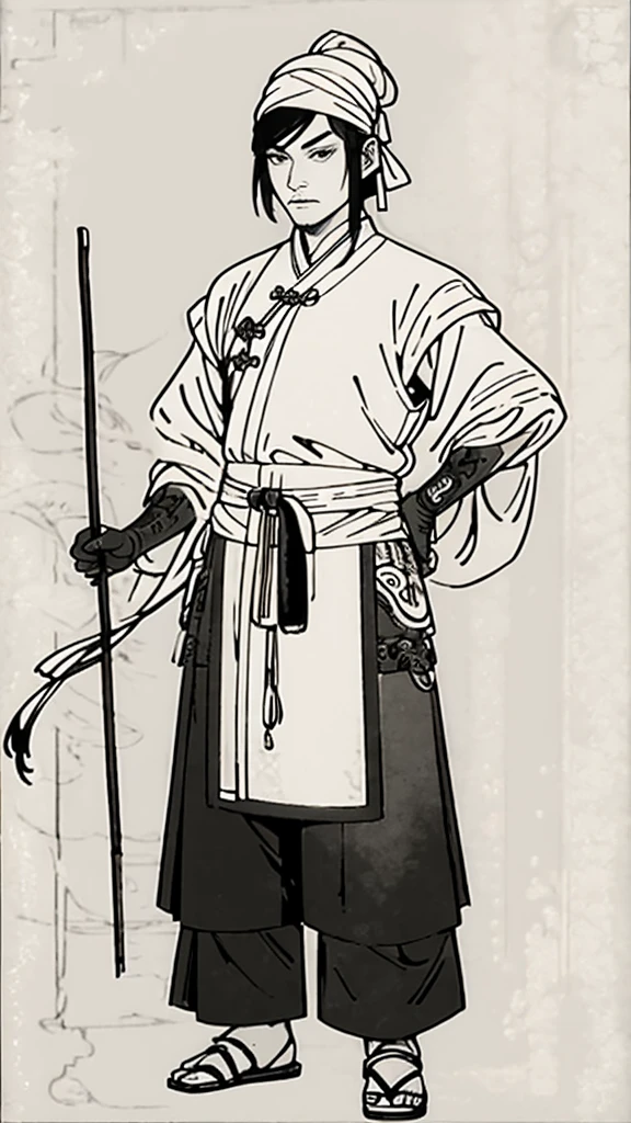 (((Monochrome)))、(((Ink Painting)))、((ancient China、Handsome young man with tied hair and wearing a white swimming cap))、Holding a long stick in his arms、(((Hands on hips))),Line art、Oriental、Ultra-high resolution、Game Poster、Crisp and beautiful image quality、(((whole body))) ,(ancient China鎧, Dragon head on shoulder, (ancient China鎧 with intricate pattern:1.2), gloves, Long trousers, (Very detailed, bloom:1.5), (Highest quality, Concept Art, 4K), (analog:1.2), (high sharpness), (Detailed pupil:1.1), Detailed face and eyes, masterpiece, Highest quality,8k, (Black Hair, Dynamic Short Hair), (PurerosFace_v1:0.2), [:(Detailed face:1.2):0.2], sharp, Realistic Shadows,  