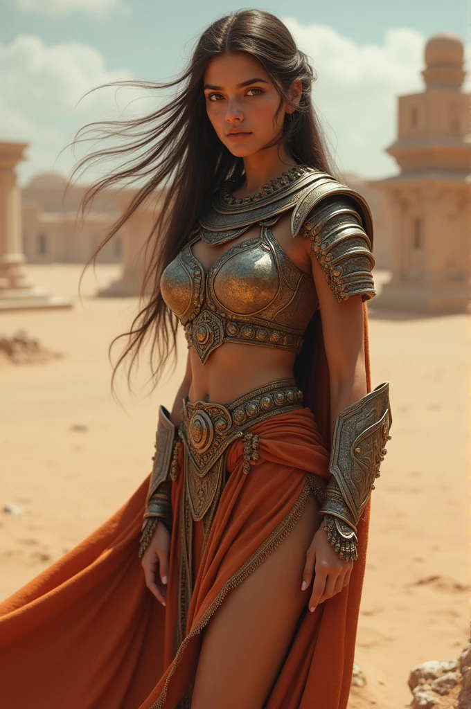 (masterpiece), full hd, best quality, 1 girl, solo, , beautiful, shapely, big hips, big breasts, innocent, Pure, delicate, Proportional body, perfect body figure, cold face, long hair flying in the wind, Photos with depth, wind, (masterpiece), full hd, best quality, expressive eyes, perfect face, 1 girl, solo, Portrait of an ancient Persian female warrior wearing armor fighting fiercely in the desert, In the distance is an ancient temple, long legs