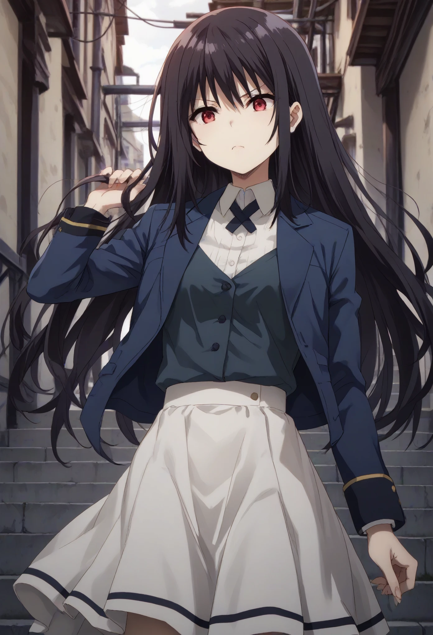 claire kagenou, long hair, black hair, red eyes,
shirt, jacket, blazer, skirt, white skirt,