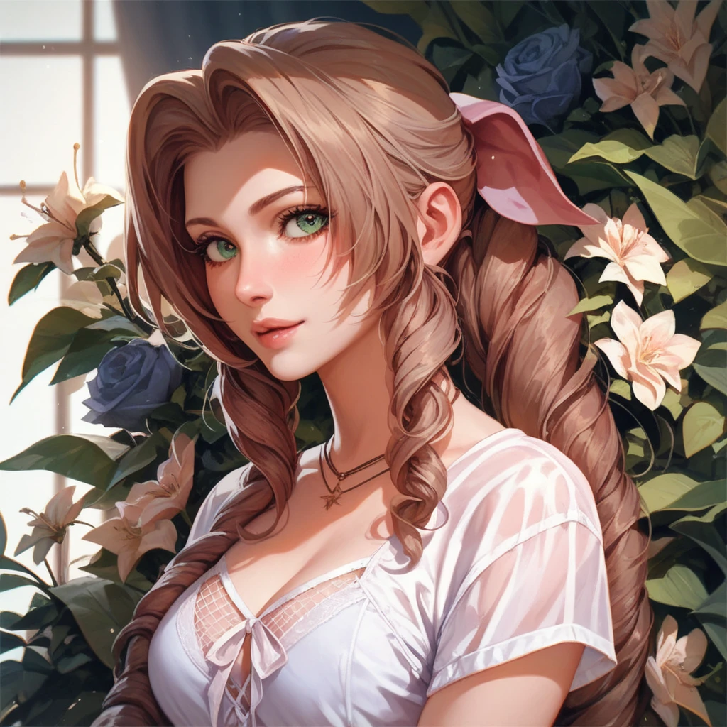 (best quality), (very aesthetic), (ultra-detailed), (best illustration),Aerith in sexy lingerie eyes looking at me with a silky shirt