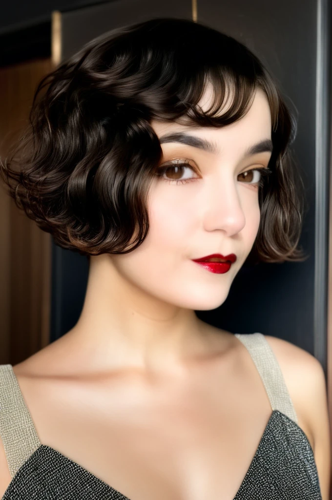 22 yrs Beautiful woman, ultra short french bob haircut, right hair part, side of head shaved, side shave, Flowing pastel sleeveless gown, (close-up, editorial photograph), [[Wide-angle photo]], (background inside dark, moody, private study:1.3), full body portrait, by lee jeffries, nikon d850, film stock photograph, 4 kodak portra 400, camera f1.6 lens, rich colors, hyper realistic, lifelike texture, dramatic lighting, velvia 50, eye contact, faint smile, wavy short french bob hair, 1920s hairstyle, short wavy hair, french bob, wavy pixie cut hair, wavy pixie hair, short black wavy hair, very short wavy hair, short french bob, bowlcut hair, shaved nape, shaved undercut, side shave, soft makeup, Dark Hazel eyes, Eye contact, pretty young woman in her 20's,
