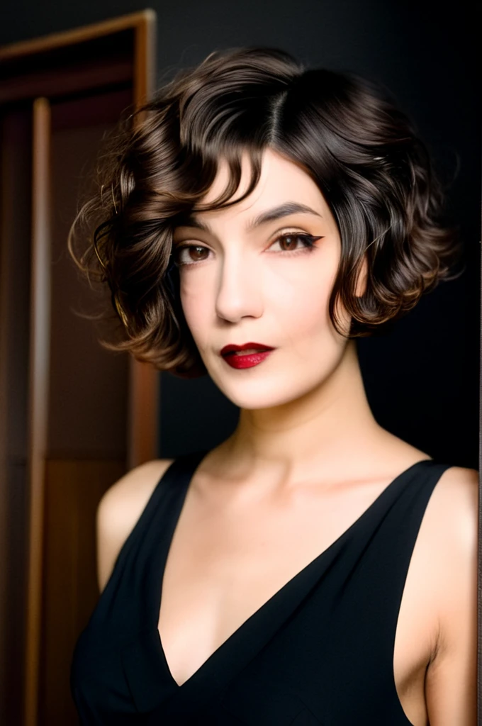 22 yrs Beautiful woman, ultra short french bob haircut, right hair part, side of head shaved, side shave, Flowing pastel sleeveless gown, (close-up, editorial photograph), [[Wide-angle photo]], (background inside dark, moody, private study:1.3), full body portrait, by lee jeffries, nikon d850, film stock photograph, 4 kodak portra 400, camera f1.6 lens, rich colors, hyper realistic, lifelike texture, dramatic lighting, velvia 50, eye contact, faint smile, wavy short french bob hair, 1920s hairstyle, short wavy hair, french bob, wavy pixie cut hair, wavy pixie hair, short black wavy hair, very short wavy hair, short french bob, bowlcut hair, shaved nape, shaved undercut, side shave, soft makeup, Dark Hazel eyes, Eye contact, pretty young woman in her 20's,
