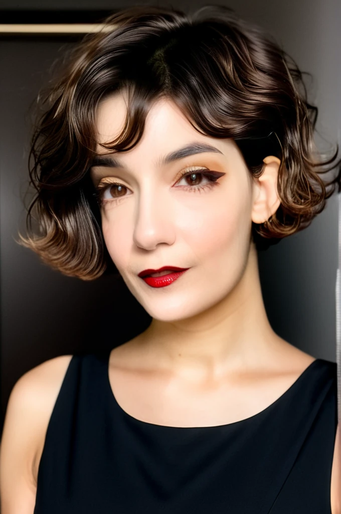 22 yrs Beautiful woman, ultra short french bob haircut, right hair part, Flowing sleeveless Dress, (close-up, editorial photograph), [[Wide-angle photo]], (background inside dark, moody, private study:1.3), full body portrait, by lee jeffries, nikon d850, film stock photograph, 4 kodak portra 400, camera f1.6 lens, rich colors, hyper realistic, lifelike texture, dramatic lighting, cinestill 800, eye contact, faint smile, wavy short french bob hair, 1920s hairstyle, short wavy hair, french bob, wavy pixie cut hair, wavy pixie hair, short black wavy hair, very short wavy hair, short french bob, bowlcut hair, shaved nape, shaved undercut, soft makeup, Dark Hazel eyes, Eye contact, young woman in her 20's,
