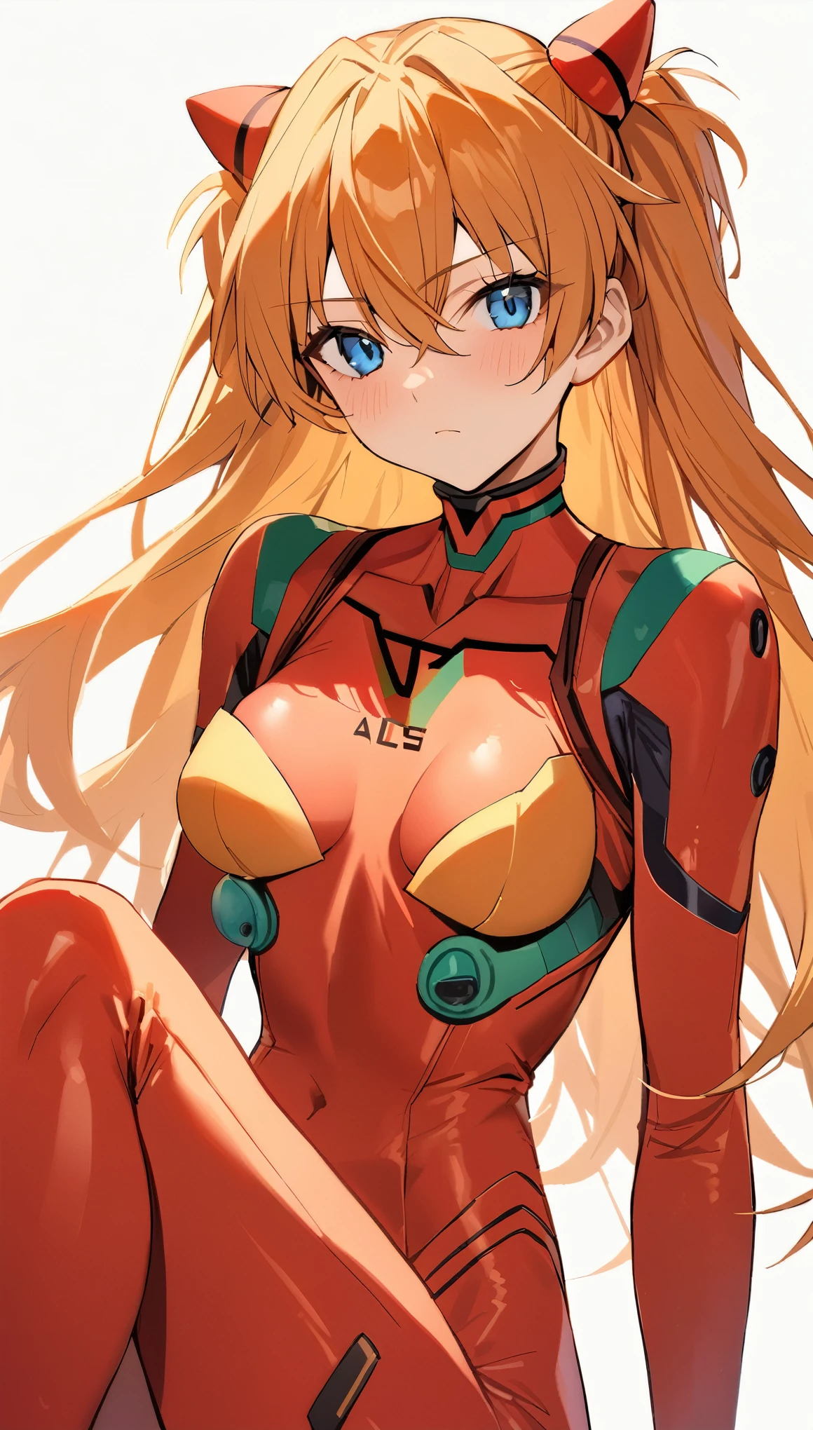 masterpiece, best quality,  ï¼souryuu asuka langleyï¼1girl, solo, plugsuit, breasts, long_hair, red_bodysuit, orange_hair, bodysuit, looking_at_viewer, white_background, medium_breasts, blue_eyes, simple_background, hair_between_eyes, sitting, interface_headset, bangs, closed_mouth