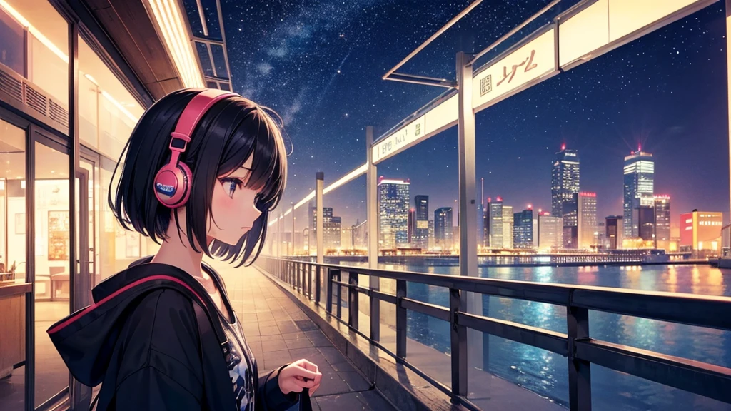 Traveling Inside the Zoo。A young girl with black hair wearing stylish clothes and headphones labeled "Lo-Fi" The girl is shown in profile, gazing into the distance with a calm, relaxed expression Background depicts the iconic scenery of Namba, Osaka at night, without any text on signs A starry night sky adding to the peaceful atmosphere Overall mood is quiet and serene, perfect for Lo-Fi music Detailed hair rendering and careful attention to the girl's fashionable outfit The entire scene should evoke a relaxing, introspective feeling associated with Lo-Fi music