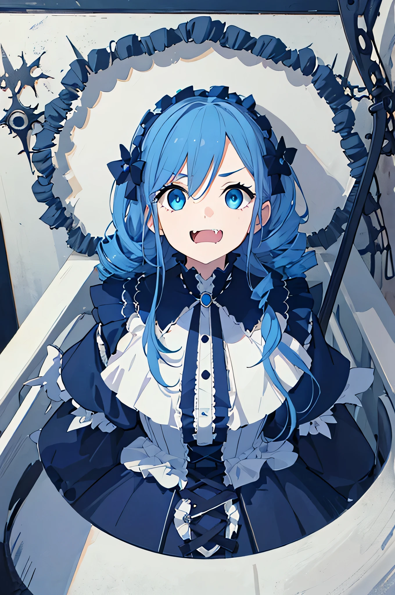 ((Super detailed illustration)), (Masterpiece, 8K), (Best quality, High quality), Perfect anatomy, Super detailed, Super detailed, Perfect design, 20-year-old, (((native American girly))), rostro maduro,, ((blue hair)), ((fang)), (((drill hair))), ((Blue eyes:1.2)), big eyes, ((Gothic)), ((Gothic Lolita)), hair between eyes, (Beautiful eyes: 1.1), elegant forms, natural inspiration,full body,((dark blue hair)),