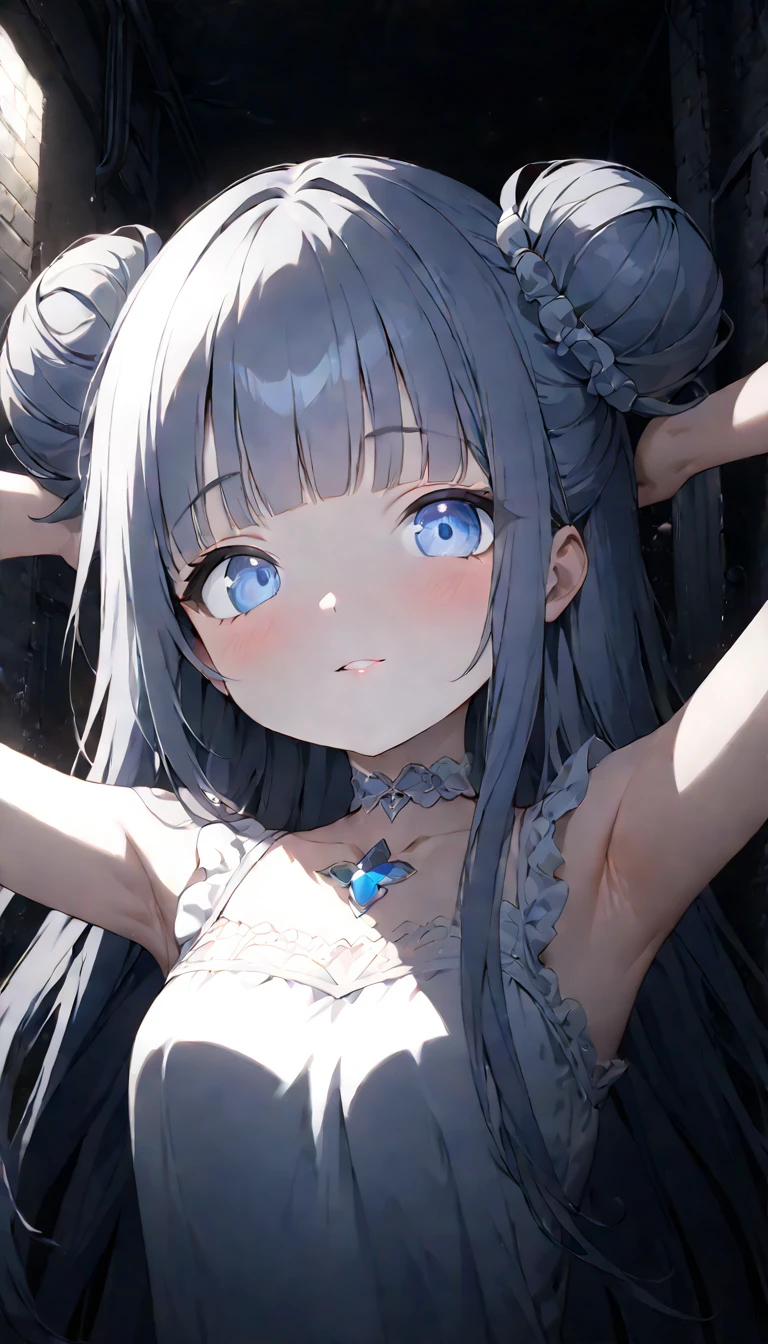 cute magical girl, (double bun, blunt bangs, silver straight long hair), amorous and lewd face, make-up, blue eyes, great proportion, white gothic bare top dress, choker, both hands above head, background dimly lit basement, (ultra detailed, absolutely resolution, best quality:1.3), 2.5D, delicate and dynamic, artistic photography, hyper realistic, graphic CG digital cartoon-style art
