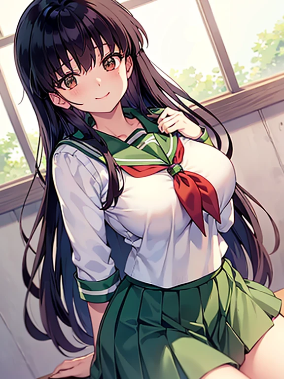 Kagome Higurashi, Wearing a school uniform, White shirt, Green skirt, color green, Red neckerchief, e, black hair, brown eyes, long hair, big breasts, serafuku, sailor collar, green pleated skirt, seductive smile, boob window, mature woman