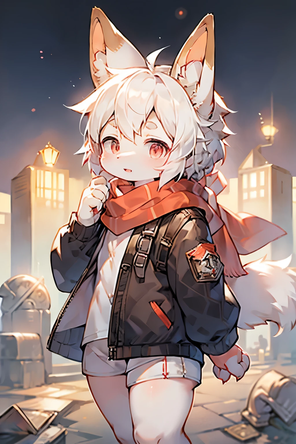 Dwarf rabbit girl,Bunny ears,Furry girls, characteristics,Red pupil,White skin,White Arm,White hair,scarf,Short skirt,Prison Background