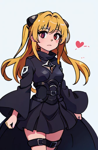 (Best Quality:0.8) perfect anime illustration, a pretty, ((masterpiece,Best Quality)), absurdities, (beautiful finely detailed eyes: 1.2), mine, konjiki no mine, 1 girl, Alone, by rubio, by the wide, Red eyes, thigh strap, by the wide, separate sleeves, black dress,phmine minesch minenor phmine, 1girl, long hair, Alone, hair ornament, two siDe up, Blonde hair, red eyes, hair ornament,watching the spectator,looking forward,Whole body,hands making heart,serrated legs,Legs together