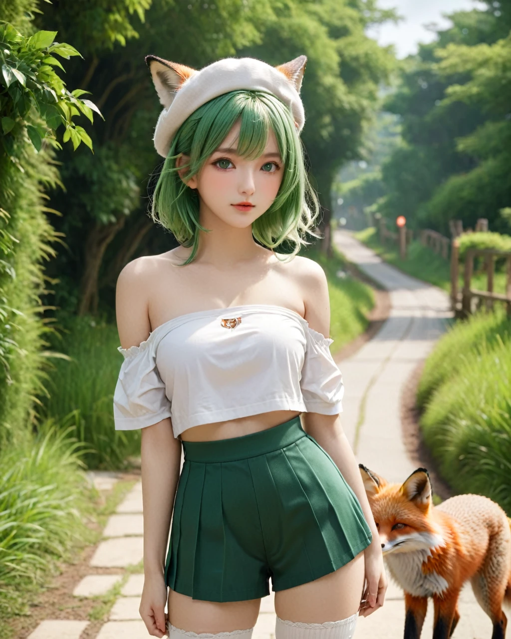 (Highly detailed CG),(Highest quality),Hufufu\(Serious Star Rail\),One girl,Perfect Face,Bright Eyes,(Beautiful, detailed eyes),Green Eyes,Wide Hips,Tight waist,Green Hair,bangs,Long Hair,Ahoge,Animal ears,beret,hair ornaments,Shorts,White socks,shirt,Off the shoulder,Fox&#39;s Tail,Worried,night,Outdoor,A light smile,wariza,V-Foot,blush,whole body,Depth of written boundary,pray