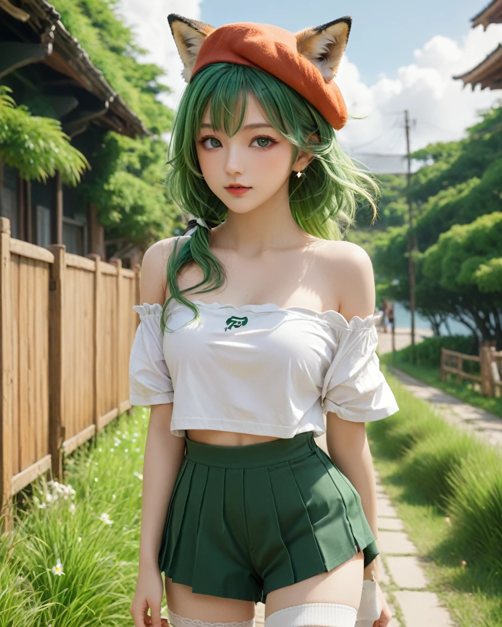 (Highly detailed CG),(Highest quality),Hufufu\(Serious Star Rail\),One girl,Perfect Face,Bright Eyes,(Beautiful, detailed eyes),Green Eyes,Wide Hips,Tight waist,Green Hair,bangs,Long Hair,Ahoge,Animal ears,beret,hair ornaments,Shorts,White socks,shirt,Off the shoulder,Fox&#39;s Tail,Worried,night,Outdoor,A light smile,wariza,V-Foot,blush,whole body,Depth of written boundary,pray