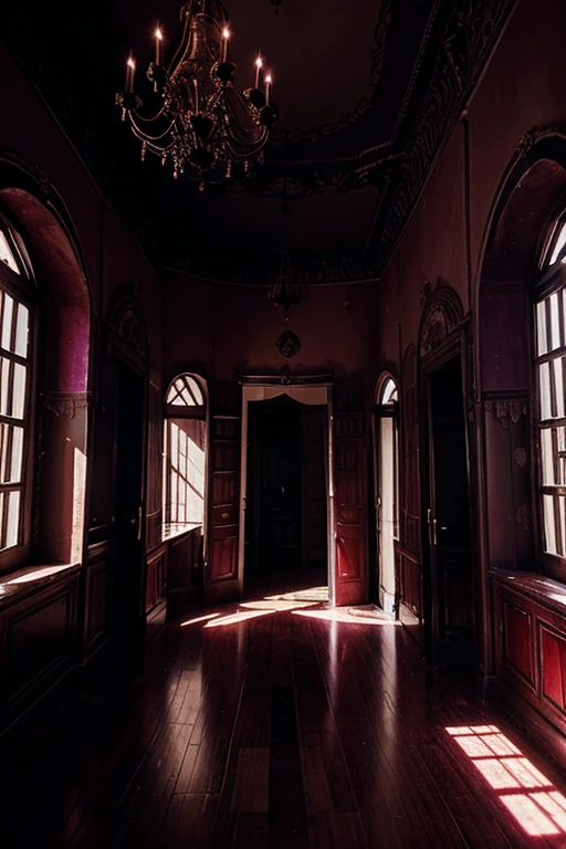 Haunted house, rooms with mucielagos. a lot of beauty, red, purple, reflexes 