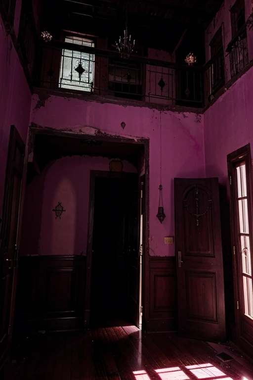 Haunted house, rooms with mucielagos. a lot of beauty, red, purple, reflexes