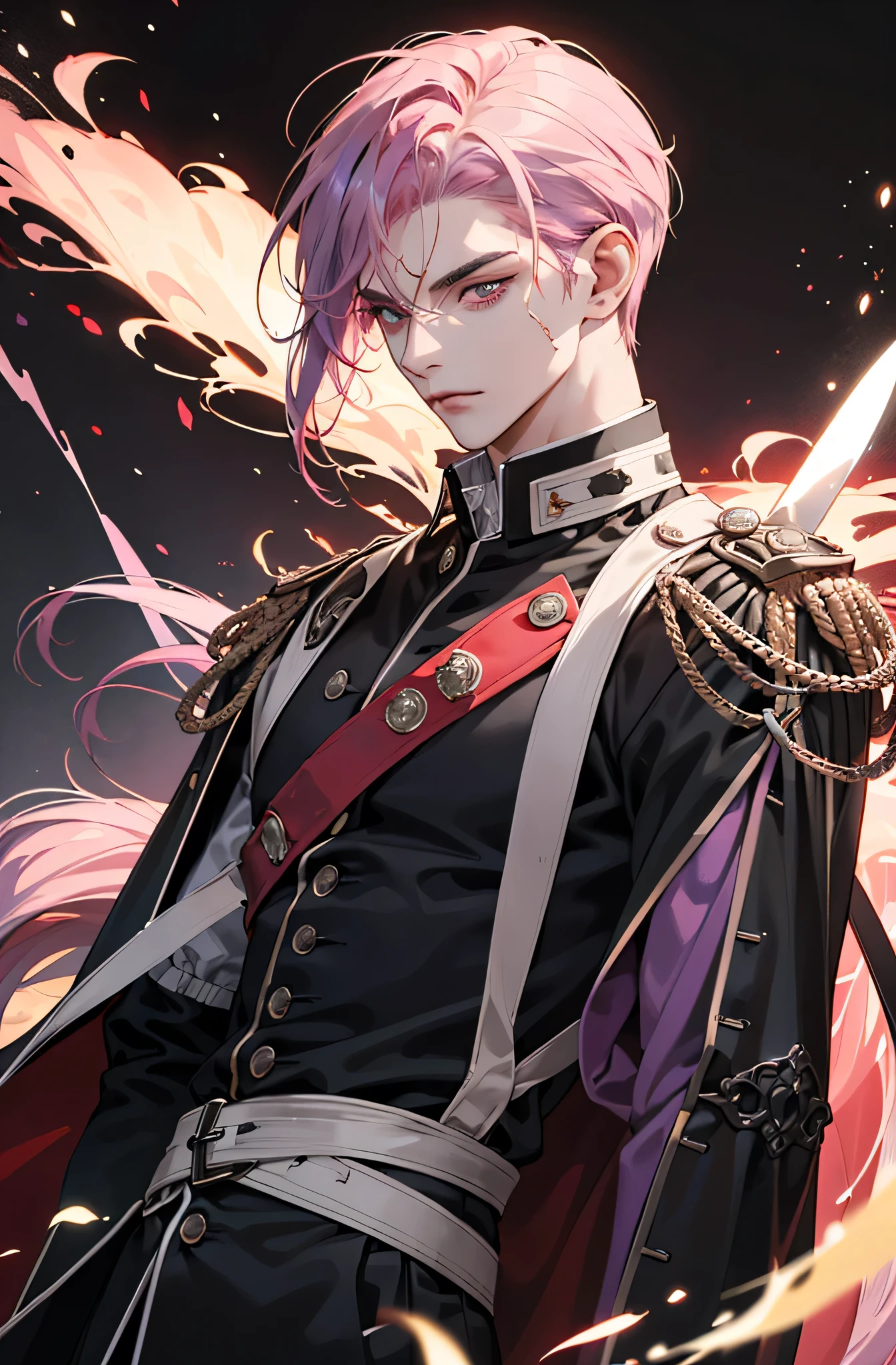 Tall man. A mysterious and dark character, whose presence exudes an ominous aura. It has a black color, As a resin, hairsh, piercing redness of the eyes, debilitating scarlet glow;. Men's clothing of the 18th century, black with scarlet inserts. Who carried out the order to kill an influential person. He has a blade in his hands, sprinkled with fresh blood;. s face, that does not express emotions.((purple and pink hair)),((upper body)),