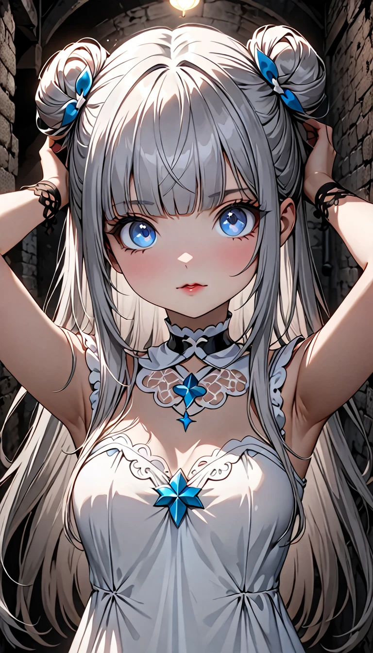 cute magical girl, (double bun, blunt bangs, silver straight long hair), amorous and lewd face, make-up, blue eyes, great proportion, white gothic bare top dress, choker, both hands above head, background dimly lit basement, (ultra detailed, absolutely resolution, best quality:1.3), 2.5D, delicate and dynamic, artistic photography, hyper realistic, graphic CG digital cartoon-style art