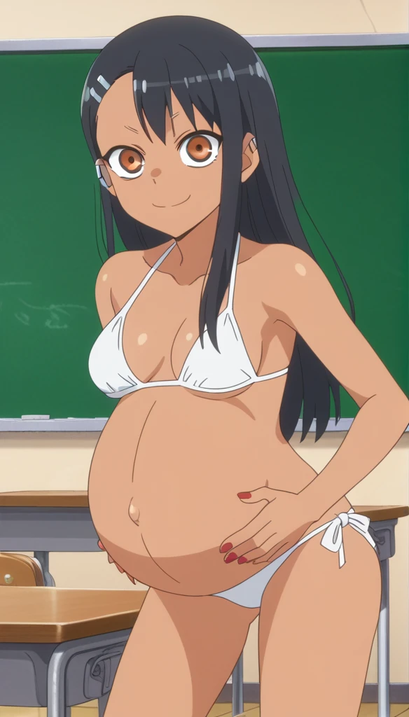 score_9, score_8_up, score_7_up, source_anime, anime screencap, anime coloring,
hayasenagatoro,
hayase nagatoro, long hair, bangs, black hair, hair ornament, brown eyes, hairclip, dark skin, dark-skinned female, tan, bikini, nail polish, red nails, earclip,
indoors, classroom, bent over, smile,
looking at viewer, solo, ((shows her naked breasts)), ((pregnant belly)), huge belly, rub belly, beach Background