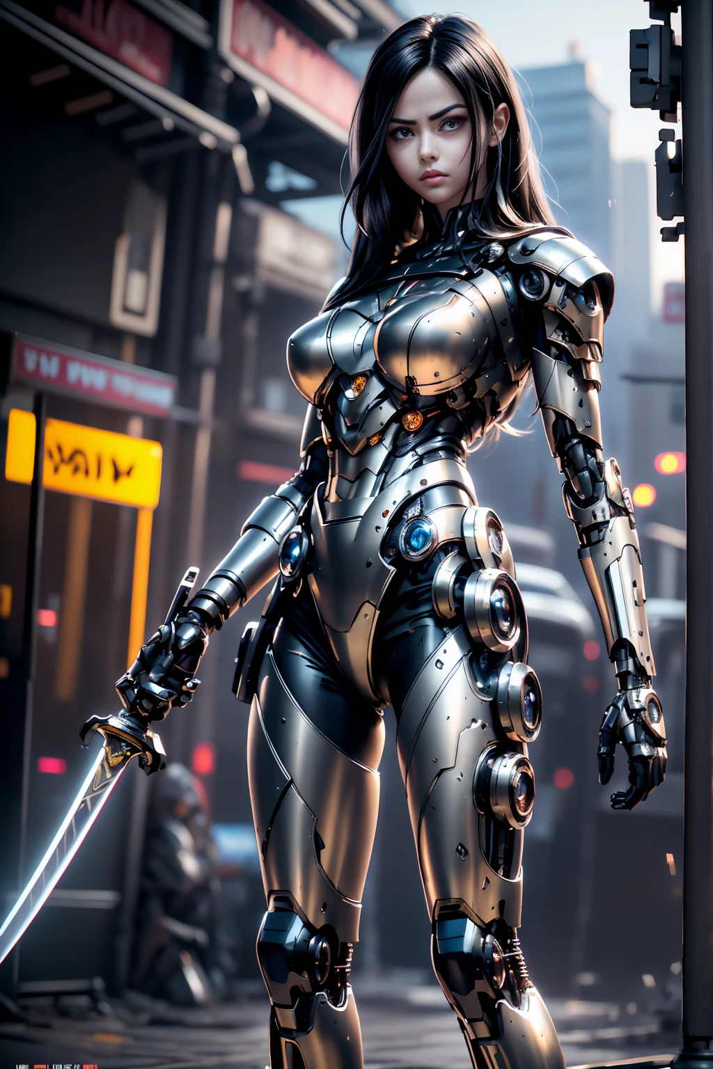 Alita Battle Angel, Highly detailed face, expression of fury, wielding a shiny katana sword, work of art, Beautiful, black cyborg, ,, in tight metal armor, metallic belt, Elements of electronic armor, 20 years old, the skin below the suit has bright lines, shoulder-length black hair, one cyborg eye, standing, serious expression, cinematic lighting, Burning cyberpunk city in the distance, flat chest