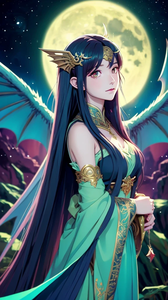 anime - style girl with long hair and dragon wings as attractive as an elegant and gothic looking goddess watching the moon