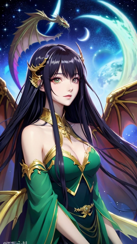 anime - style girl with long hair and dragon wings as attractive as an elegant and gothic looking goddess watching the moon