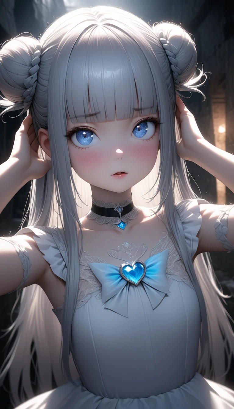 cute magical girl, (double bun, blunt bangs, silver straight long hair), amorous and lewd face, make-up, blue eyes, great proportion, white gothic bare top dress, choker, both hands above head, background dimly lit basement, (ultra detailed, absolutely resolution, best quality:1.3), 2.5D, delicate and dynamic, artistic photography, hyper realistic, graphic CG digital cartoon-style art