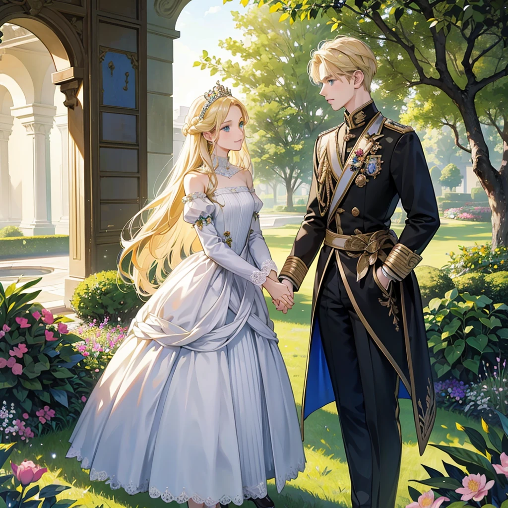 In a garden of nobles, full of flowers and majestic trees, a girl with long curly blonde hair and green eyes is standing, dressed in an elegant noble dress and a tiara on her head. at your side, with arms linked and both laughing, There is a boy with short blonde hair and blue eyes, also dressed in noble clothing. The atmosphere is refined and calm, with marble fountains and manicured paths. Vibrantly colored flowers adorn the garden, and the sunlight filters through the tree branches, creating a magical and enchanting atmosphere.