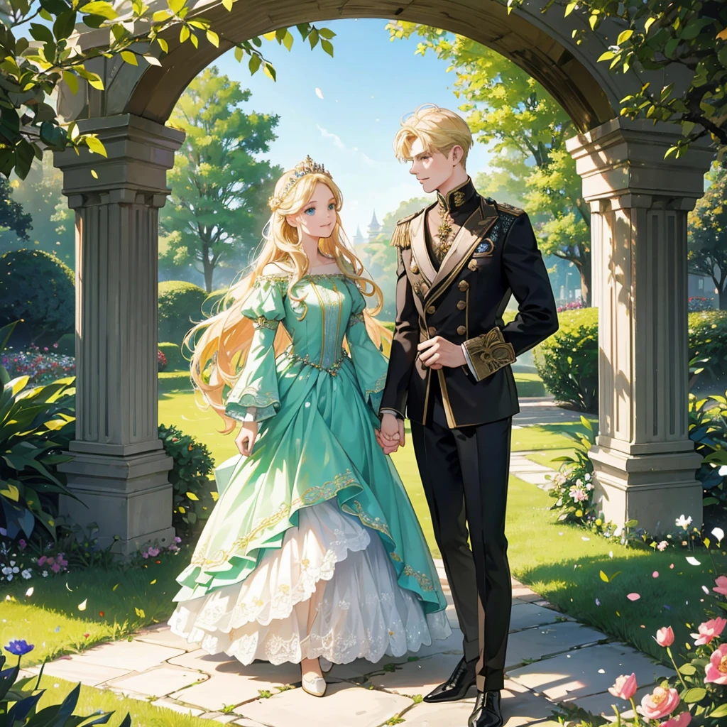 In a garden of nobles, full of flowers and majestic trees, a girl with long curly blonde hair and green eyes is standing, dressed in an elegant noble dress and a tiara on her head. at your side, with arms linked and both laughing, There is a boy with short blonde hair and blue eyes, also dressed in noble clothing. The atmosphere is refined and calm, with marble fountains and manicured paths. Vibrantly colored flowers adorn the garden, and the sunlight filters through the tree branches, creating a magical and enchanting atmosphere.