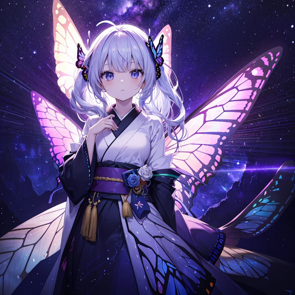 One woman,Archangel((Galaxy Wings,butterfly,Infinite depth,grow,very mysterious,Close-up)) background(Cyber World) Serious expression,Looking diagonally upwards, pure white long hair,風に吹かれている ネオンカラーとても輝いている butterfly,Super Mysterious Japanese Anime Style