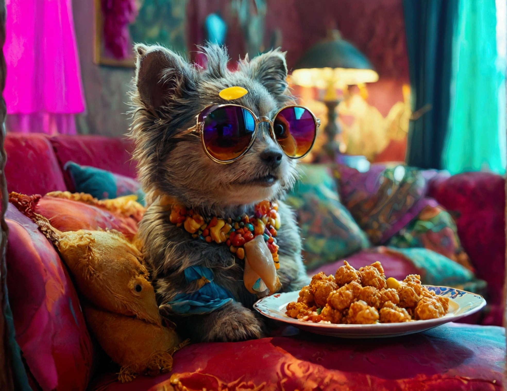 araffes are sitting on a couch with a plate of food, movie promotional image, promotional movie still, film movie still, film still from the movie, movie still, movie filmstill, still from movie, promo image, movie film still, still shot from movie, a still of a happy, still from a movie, festival of rich colors, portrait shot