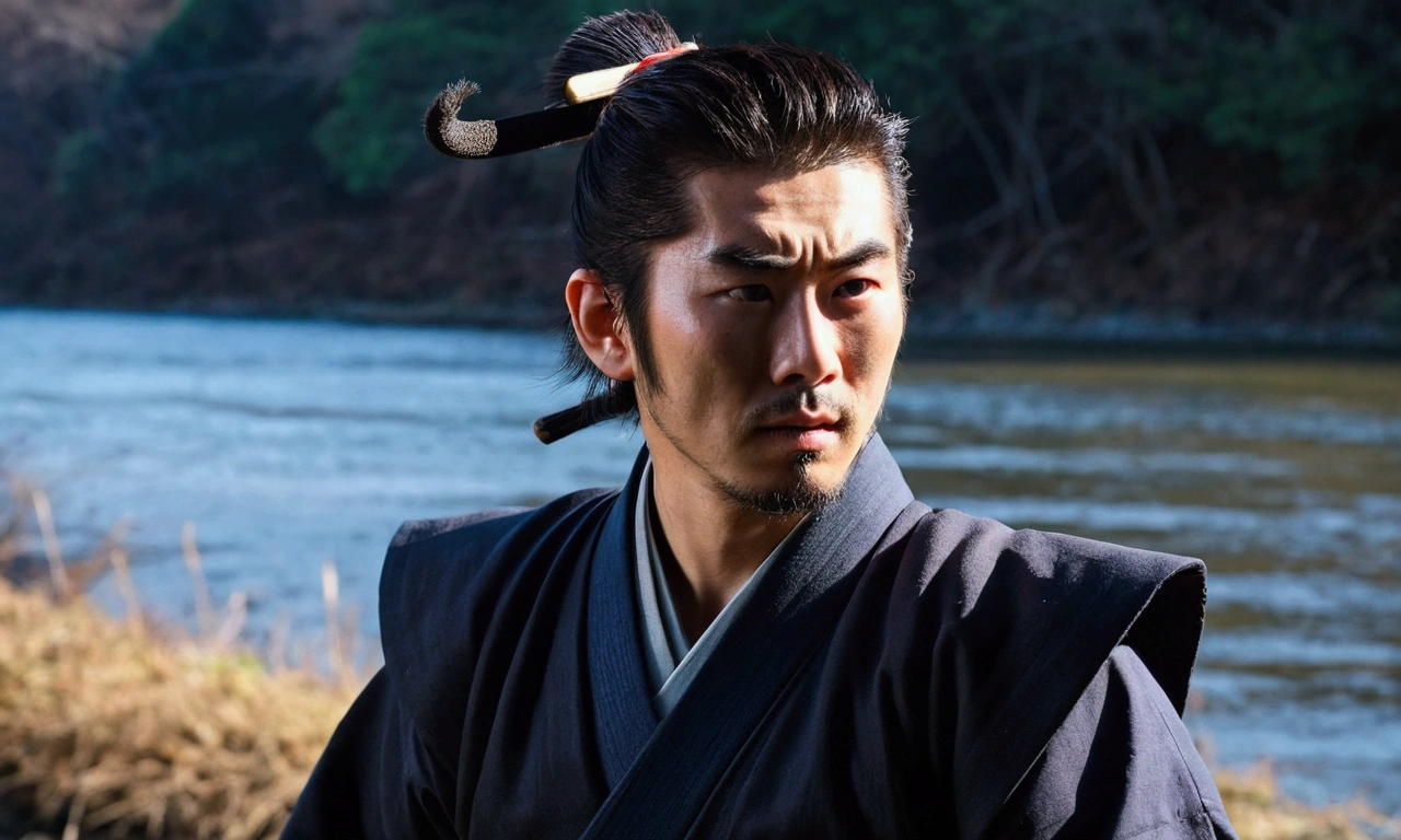 Japanese atmosphere, samurai, Upper Body,Real,dark, Nearby riverbank, cold,Excited, Photo of your face, with a natural look, With a slightly tired look, tilt your face a little, Diagonal orientation,